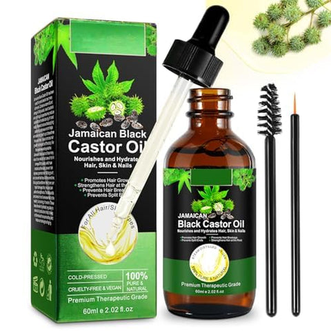 2 oz Organic Castor Oil Cold Pressed Unrefined Glass Bottle, Jamaican Black Castor Oil for Hair Growth, Skin Care, Eyelashes, Eyebrows & Nails