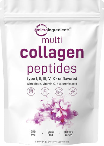 Multi Collagen Peptides Powder, 16 Oz - Hydrolyzed Protein Peptides | Type I,II,III,V,X with Hyaluronic Acid, Biotin & Vitamin C - Unflavored - Keto & Paleo Friendly, Ez Mix in Drinks