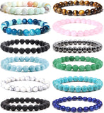 12Pcs Natural Stone Beaded Bracelets for Women Men Semi-Precious Gemstones Bracelets Crystal Beaded Bracelet Unisex Adjustable Stretch Bracelets 8MM