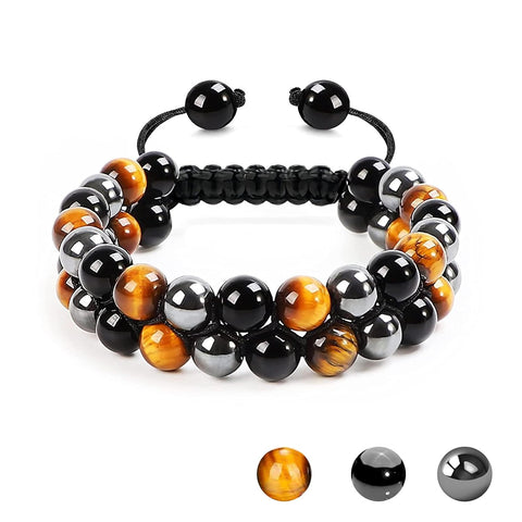 Tiger Eye Bracelet Men,  Tiger Eye Stone Hematite and Black Obsidian Natural Crystal Stone Beads 8Mm Bracelets for Men Women, Handmade Healing Bracelets