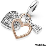 Heart Padlock Double Dangle Charm - Compatible Moments - Stunning Women'S Jewelry - Made Rose, Sterling Silver & Cubic Zirconia - Comes with Gift Box