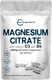 Magnesium Citrate 400Mg with Vitamin D3 1000IU & B6, 240 Capsules | Elemental Mineral & Vitamins Complex | Combats Constipation, Supports Muscle, Heart, & Bone Health – Non-Gmo