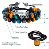 Triple Protection Bracelet Hand made Crystal Bracelet Tiger Eye, Hematite and Black Obsidian Natural Stone 8Mm 