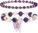 Amethyst Bracelet for Women Anxiety Amethyst Beaded Bracelets Butterfly Charms Healing Stone Layered Bracelet Gifts for Women