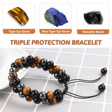 Tiger Eye Bracelet Men,  Tiger Eye Stone Hematite and Black Obsidian Natural Crystal Stone Beads 8Mm Bracelets for Men Women, Handmade Healing Bracelets