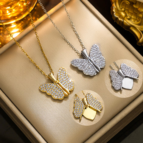 Zircon Butterfly Stainless Steel 18K Gold Plated Pendant Necklace