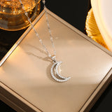 Rhinestones moon titanium steel plating inlay gold plated silver plated pendant necklace