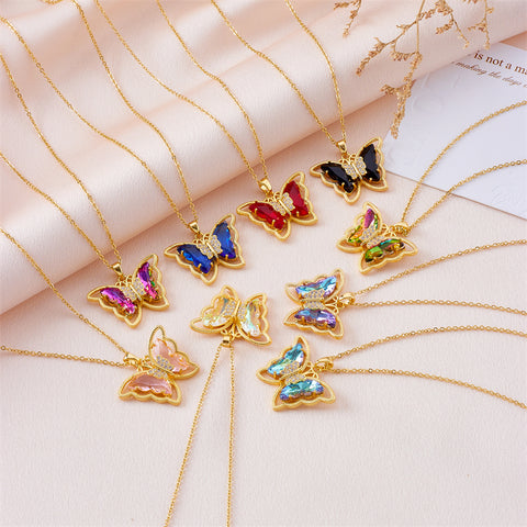 Butterfly Stainless Steel Artificial Diamond Crystal Glass Bead 18K Gold Plated Pendant Necklace