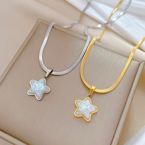 Glam Mother of Pearl Star Titanium Steel Pendant Necklace