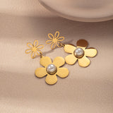 Flower Artificial Pearls Stainless Steel Gold Plated Drop Earrings
