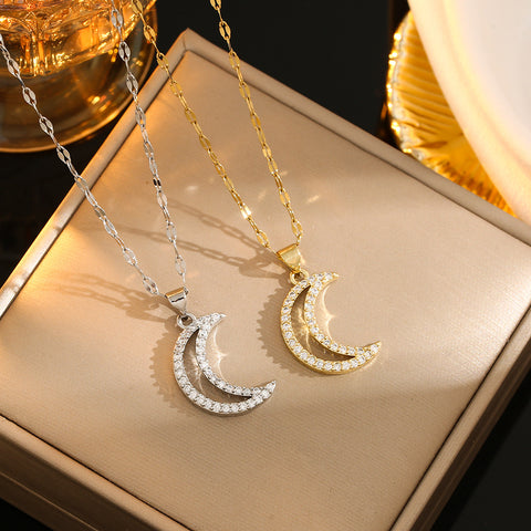 Rhinestones moon titanium steel plating inlay gold plated silver plated pendant necklace