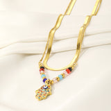 simple style shiny palm stainless steel plating inlay zircon 18k gold plated double layer necklaces