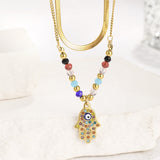 simple style shiny palm stainless steel plating inlay zircon 18k gold plated double layer necklaces