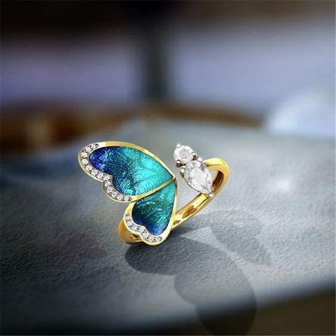 simple style butterfly alloy plating inlay rhinestones gold plated women's open rings