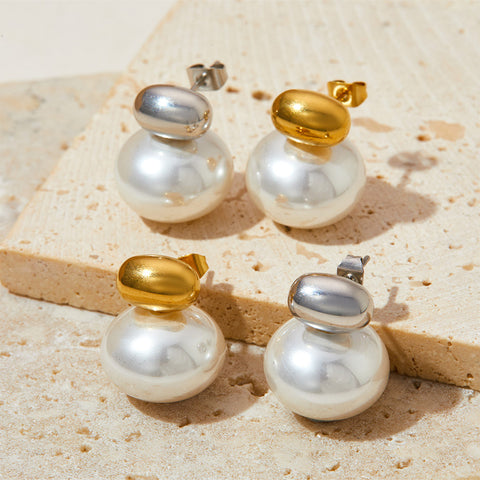 Pearl Oval Plating Stainless Steel Pearl Ear Studs