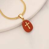 Cross Stainless Steel Natural Stone Pendant Necklace