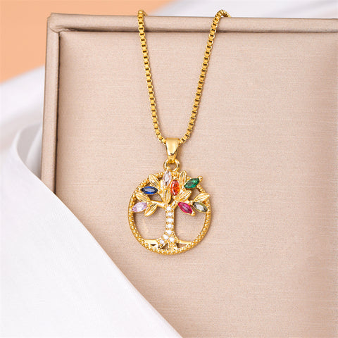 Round Tree Stainless Steel Titanium Steel Plating Inlay Zircon 18K Gold Plated Pendant Necklace