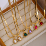Oval Stainless Steel Plating Inlay Rhinestones 18K Gold Plated Pendant Necklace