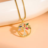 Round Tree Stainless Steel Titanium Steel Plating Inlay Zircon 18K Gold Plated Pendant Necklace