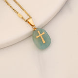 Cross Stainless Steel Natural Stone Pendant Necklace