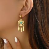 1 pair sweet pastoral dreamcatcher feather flower tassel hollow out inlay stainless steel turquoise zircon drop earrings