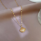 Shell titanium steel copper inlay pearl zircon pendant necklace