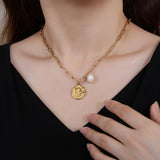 Round Coin with Pearl Stainless Steel Titanium Steel Plating 18K Gold Necklace