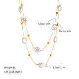 2 Layered Pearls Casual Necklace Titanium Steel Pearl Plating 18K Gold Plated