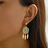 1 pair sweet pastoral dreamcatcher feather flower tassel hollow out inlay stainless steel turquoise zircon drop earrings