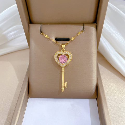 Sweet Heart Key Shape Artificial Gemstones Titanium Necklace