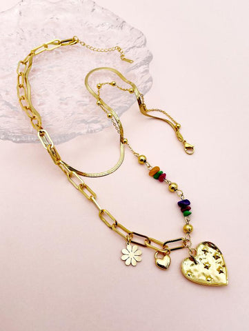 Heart flower stainless steel gravel enamel plating gold plated layered necklaces