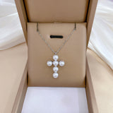 Artificial Pearls Cross Titanium Steel Pendant Necklace