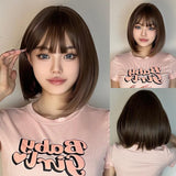 Women's Sweet Brown Pink Casual Stage Chemical Fiber Bangs Short Straight Hair wig net