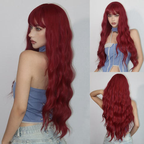 Women's Simple Style White Red Casual Chemical Fiber Bangs Long Curly Hair wig net